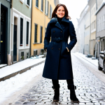 A stylish professional woman in her 30s, wearing a sophisticated, modest winter coat, warm trousers, and sturdy black leather block-heeled boots, standing confidently on a lightly snow-dusted cobblestone street in a charming European city during winter. The boots feature a stable, wide block heel and a deeply-profiled sole. The woman holds a warm, steaming mug, subtly conveying comfort and warmth. The background shows festive yet subtle winter decorations and a glimpse of a historical building. Perfect anatomy, correct proportions, natural pose, well-formed hands, proper finger count, natural body proportions. Professional photography, high resolution, soft winter light, safe for work, appropriate content, fully clothed, professional dress, family-friendly.