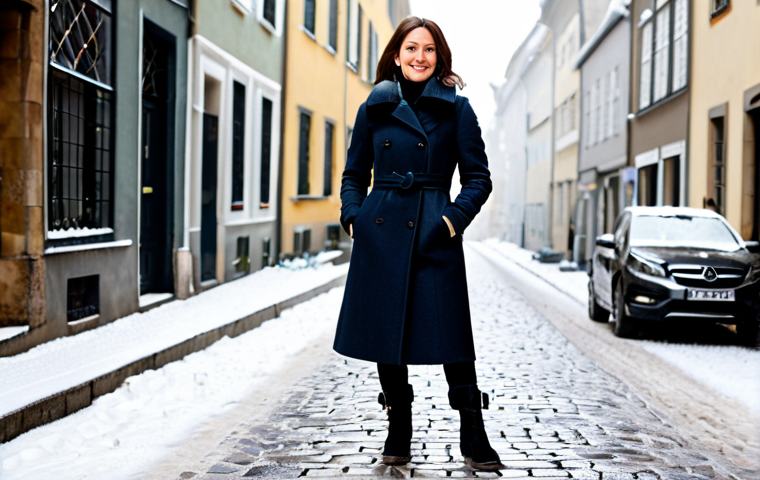 A stylish professional woman in her 30s, wearing a sophisticated, modest winter coat, warm trousers, and sturdy black leather block-heeled boots, standing confidently on a lightly snow-dusted cobblestone street in a charming European city during winter. The boots feature a stable, wide block heel and a deeply-profiled sole. The woman holds a warm, steaming mug, subtly conveying comfort and warmth. The background shows festive yet subtle winter decorations and a glimpse of a historical building. Perfect anatomy, correct proportions, natural pose, well-formed hands, proper finger count, natural body proportions. Professional photography, high resolution, soft winter light, safe for work, appropriate content, fully clothed, professional dress, family-friendly.