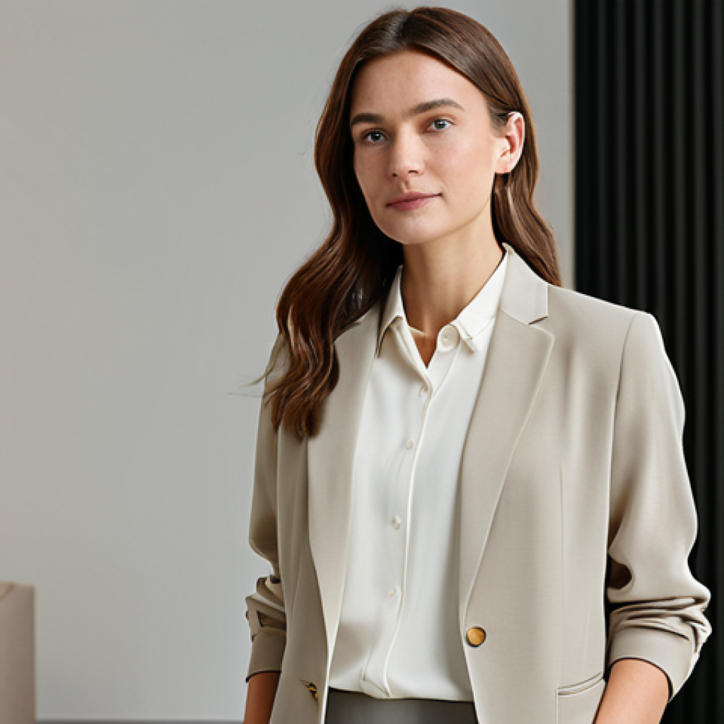 A professional businesswoman in a sophisticated, modest outfit, featuring a flowing Tencel blouse in a muted natural tone and a tailored blazer made from ethically sourced wool. She stands confidently in a bright, modern sustainable fashion showroom, with soft, diffused lighting highlighting natural textures in the background. Ethical fashion branding is subtly visible. Perfect anatomy, correct proportions, natural pose, well-formed hands, proper finger count, natural body proportions, professional photography, high resolution, detailed, studio lighting, safe for work, appropriate content, fully clothed, professional.