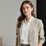 A professional businesswoman in a sophisticated, modest outfit, featuring a flowing Tencel blouse in a muted natural tone and a tailored blazer made from ethically sourced wool. She stands confidently in a bright, modern sustainable fashion showroom, with soft, diffused lighting highlighting natural textures in the background. Ethical fashion branding is subtly visible. Perfect anatomy, correct proportions, natural pose, well-formed hands, proper finger count, natural body proportions, professional photography, high resolution, detailed, studio lighting, safe for work, appropriate content, fully clothed, professional.