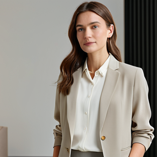 Home 8 A professional businesswoman in a sophisticated, modest outfit, featuring a flowing Tencel blouse in a muted natural tone and a tailored blazer made from ethically sourced wool. She stands confidently in a bright, modern sustainable fashion showroom, with soft, diffused lighting highlighting natural textures in the background. Ethical fashion branding is subtly visible. Perfect anatomy, correct proportions, natural pose, well-formed hands, proper finger count, natural body proportions, professional photography, high resolution, detailed, studio lighting, safe for work, appropriate content, fully clothed, professional.