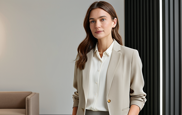 A professional businesswoman in a sophisticated, modest outfit, featuring a flowing Tencel blouse in a muted natural tone and a tailored blazer made from ethically sourced wool. She stands confidently in a bright, modern sustainable fashion showroom, with soft, diffused lighting highlighting natural textures in the background. Ethical fashion branding is subtly visible. Perfect anatomy, correct proportions, natural pose, well-formed hands, proper finger count, natural body proportions, professional photography, high resolution, detailed, studio lighting, safe for work, appropriate content, fully clothed, professional.
