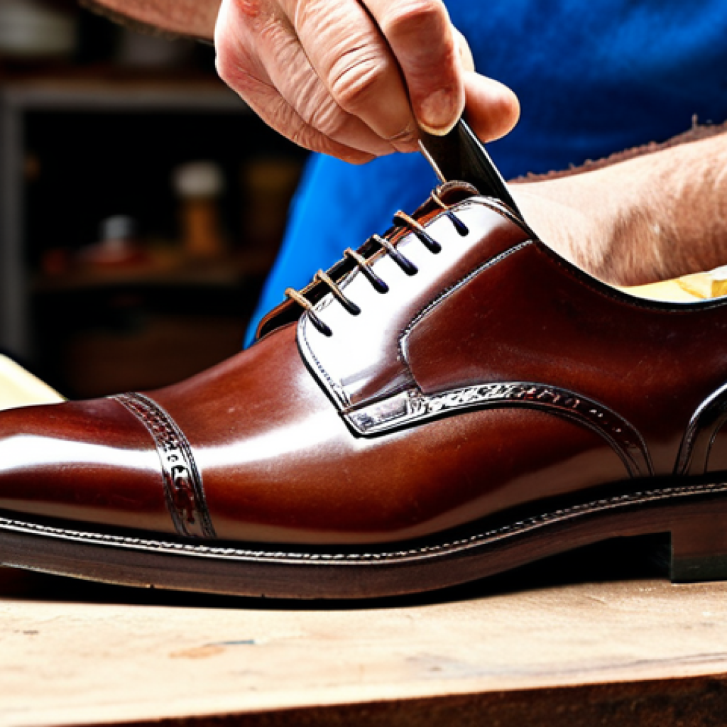 여성 구두 관리법 - Leather Shoe Care**
"Close-up of a hand applying Lederfett (leather grease) to a classic brown Lede...