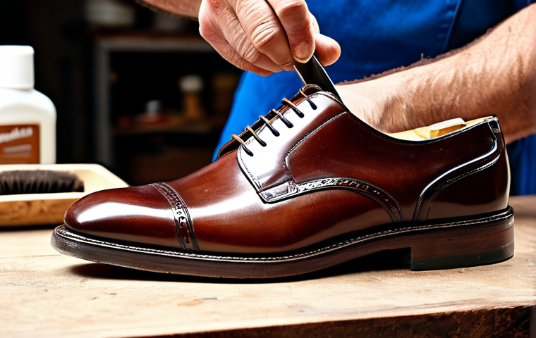 여성 구두 관리법 - Leather Shoe Care**
"Close-up of a hand applying Lederfett (leather grease) to a classic brown Lede...