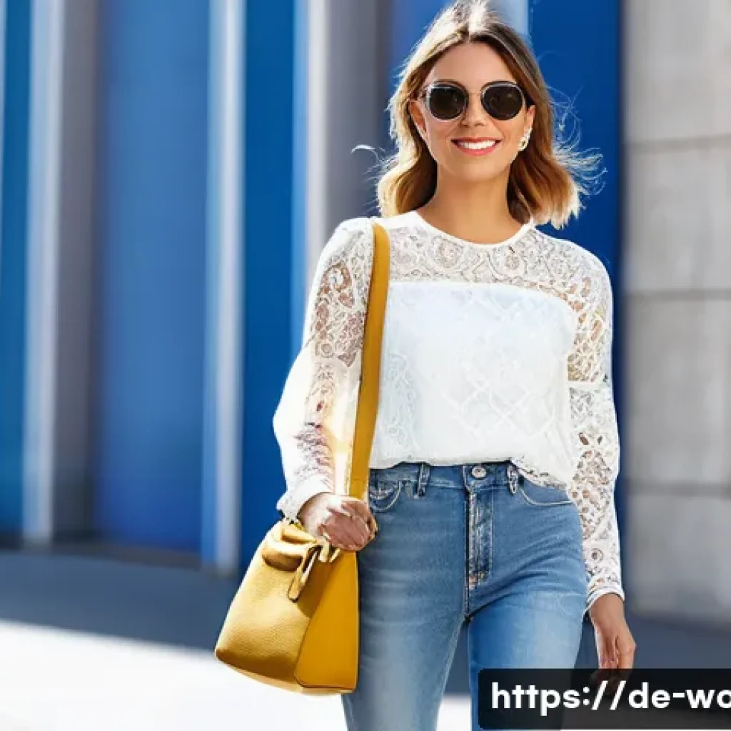 여성용 레이스 블라우스 - **Casual-Chic Urban Style with Lace Blouse**
    An elegant and confident young woman, approximately...