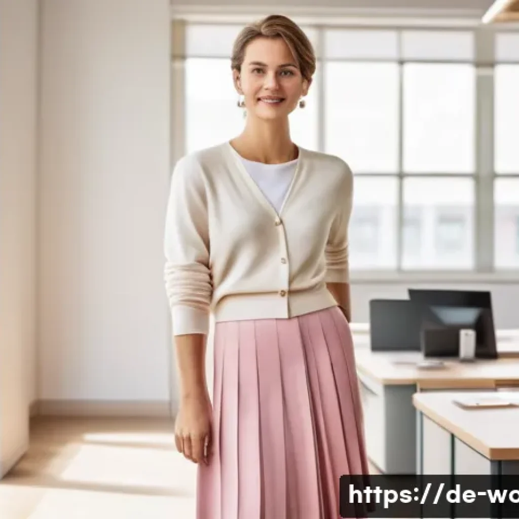 플리츠 스커트와 니트 코디 - A stylish German woman in her early 30s, wearing a cream-colored, finely knit cashmere cardigan pair...