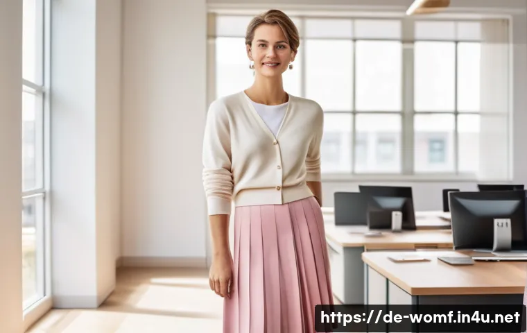 플리츠 스커트와 니트 코디 - A stylish German woman in her early 30s, wearing a cream-colored, finely knit cashmere cardigan pair...