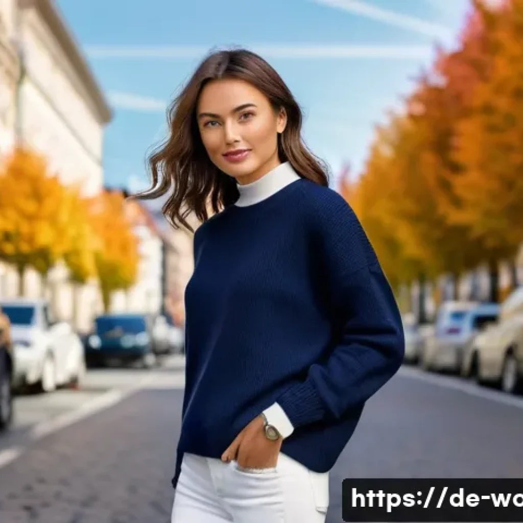 여성용 라운드넥 스웨터 - A stylish young woman wearing a classic crew neck sweater in soft navy blue, paired with fitted jean...