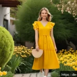 Home 21 봄 원피스 추천 - A cheerful spring scene featuring a young woman wearing a vibrant, sun-yellow midi dress made from s...