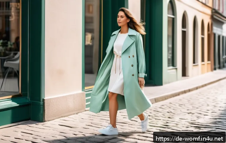 여성용 스니커즈 매칭법 - A stylish young woman walking confidently through a bustling European city street during spring, wea...
