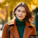 Home 18 가을 여성 트렌디 컬러 - A cozy autumn street scene in Germany featuring a young woman wearing a rust-red wool pullover and o...