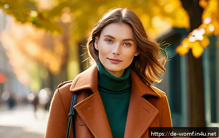 가을 여성 트렌디 컬러 - A cozy autumn street scene in Germany featuring a young woman wearing a rust-red wool pullover and o...